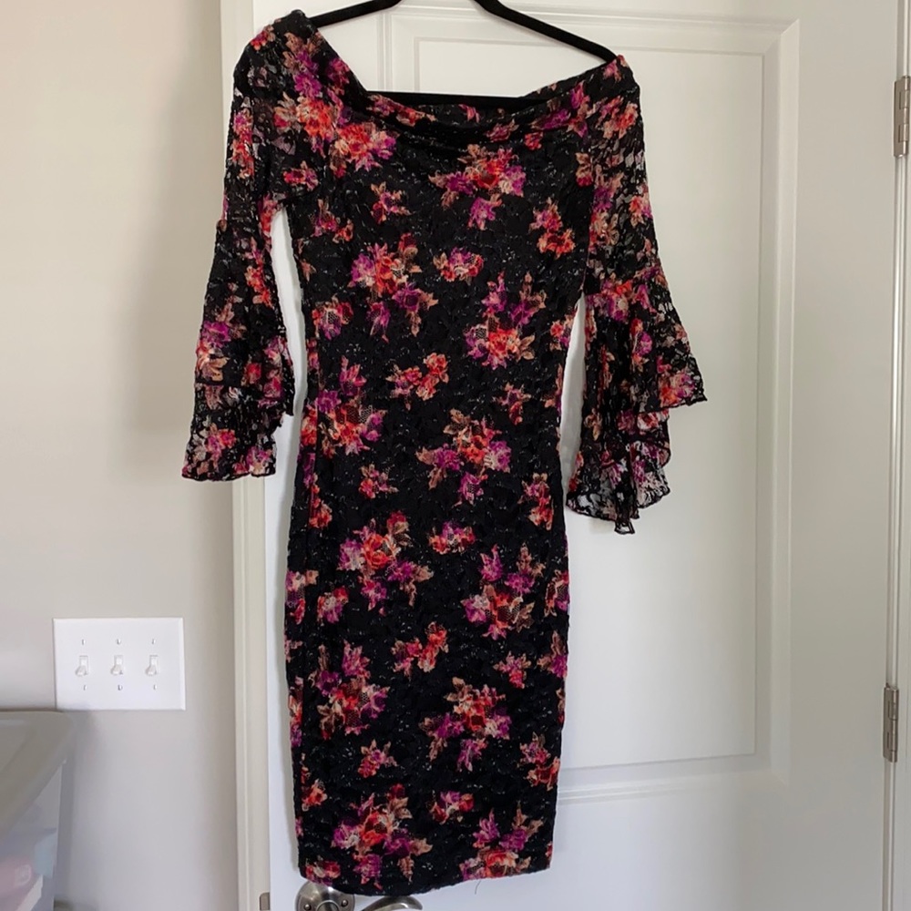 Venus black floral off the shoulder dress